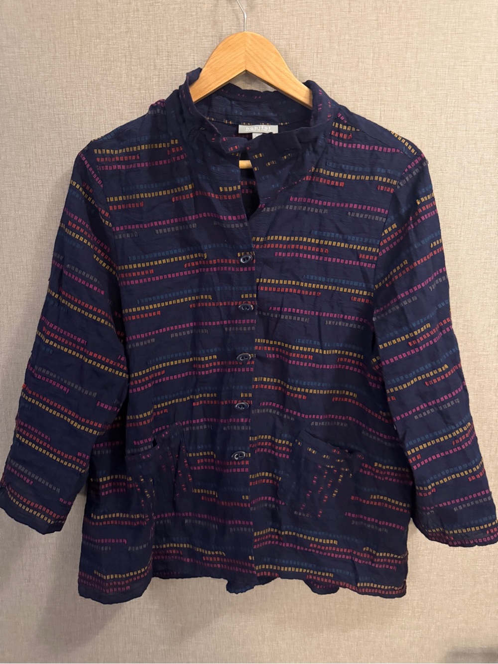 Habitat Navy Textured Stripe Button Front Jacket Large Lagenlook Art to Wear